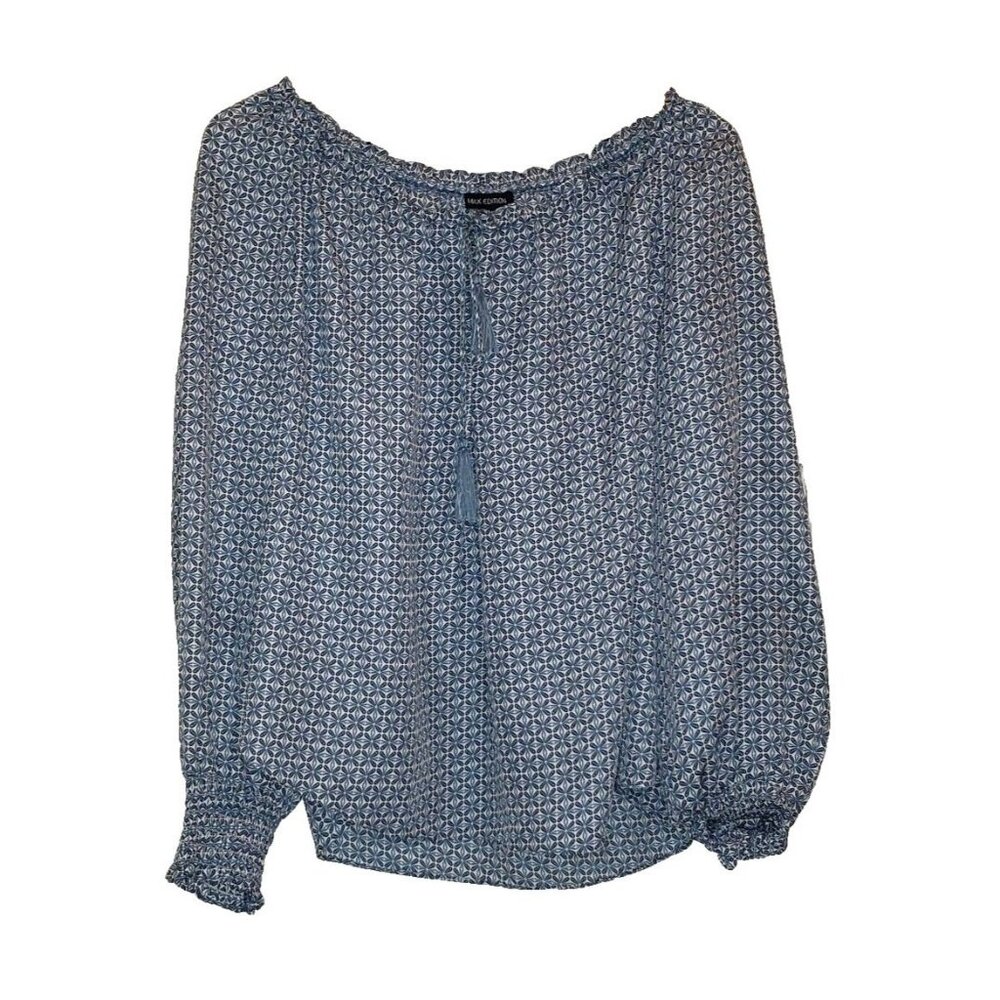 Max Edition Women Blouse Blue White Geometric Long Sleeve Peasant Top Size Small